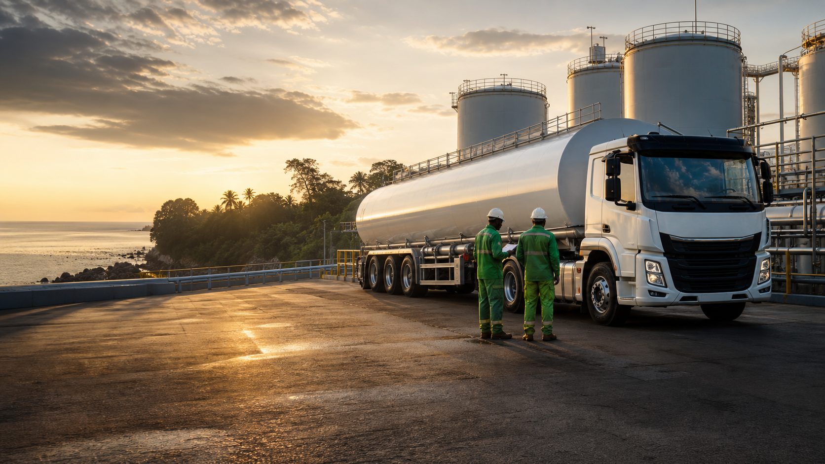 Terminal pétrolier côtier avec camion-citerne et équipe de sécurité